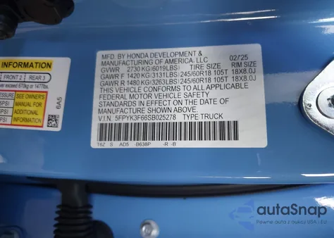 2025 Honda Ridgeline Trailsport z USA, uszkodzony, nr VIN 5FPYK3F66SB025278